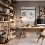 Bureau en bois élégant avec étagères murales, ordinateur de bureau et décoration végétale dans un espace de travail lumineux