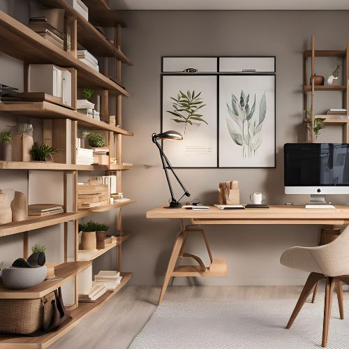 Bureau en bois élégant avec étagères murales, ordinateur de bureau et décoration végétale dans un espace de travail lumineux