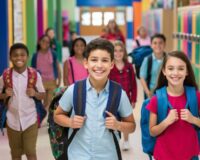 Groupe d’enfants souriants dans un couloir d’école portant leurs sacs à dos, prêts pour la rentrée avec leurs fournitures scolaires