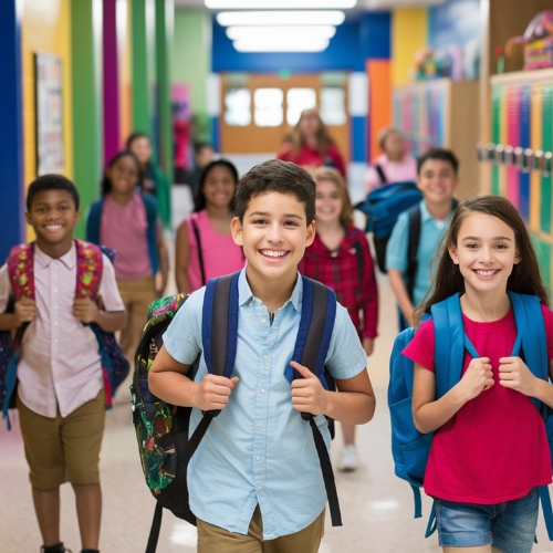 Groupe d’enfants souriants dans un couloir d’école portant leurs sacs à dos, prêts pour la rentrée avec leurs fournitures scolaires